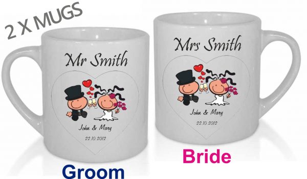 Personalised Wedding Mugs, Matching Wedding Cups, Set of Wedding Mugs