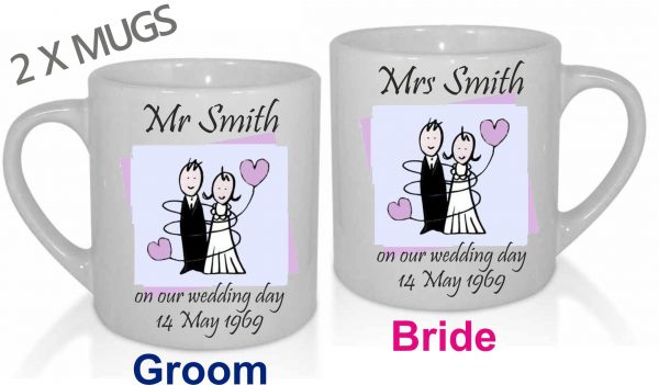 Personalised Wedding Mugs, Matching Wedding Cups, Set of Wedding Mugs, Mr & Mrs Mugs